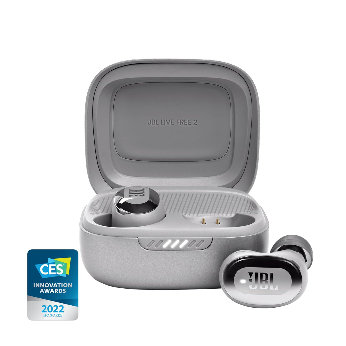 JBL Live Free 2 silhouette highlights compact earbuds for all-day comfort