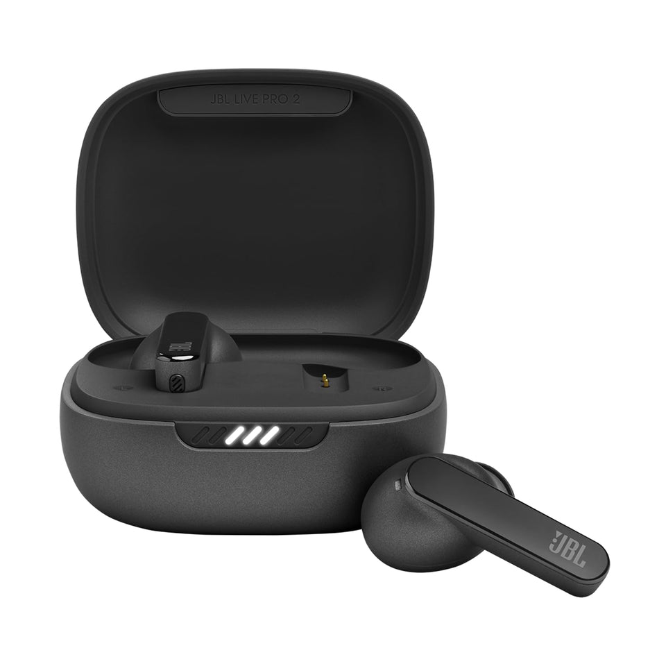 JBL Live Pro 2 earbuds in case, showcasing long playback capability
