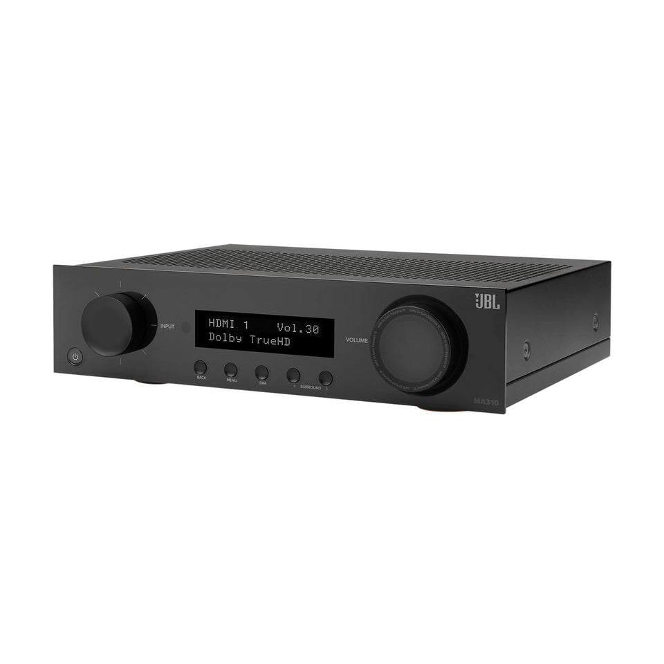 JBL MA310 front panel with clear controls for easy setup.