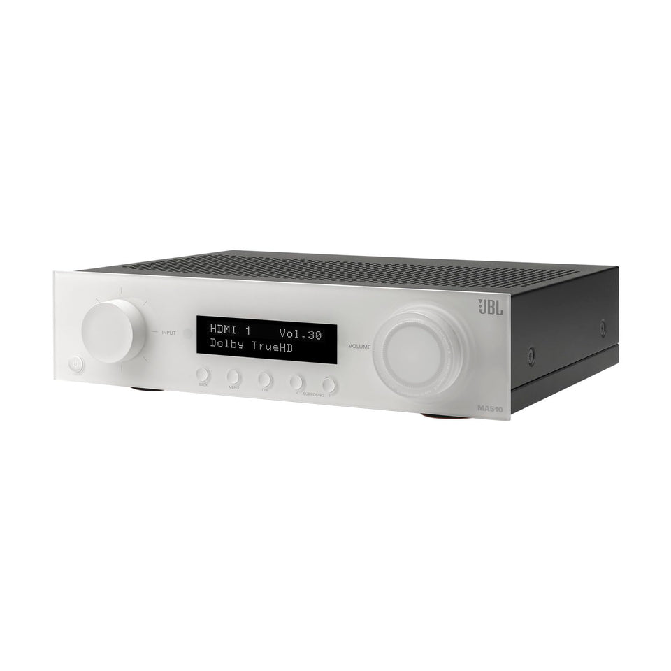 JBL MA510 front view with a sleek white chassis for a modern living room