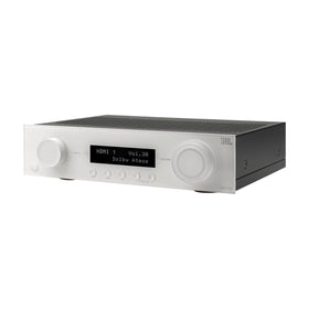 JBL MA710 front panel view highlights a sleek white finish for a stylish home cinema setup.