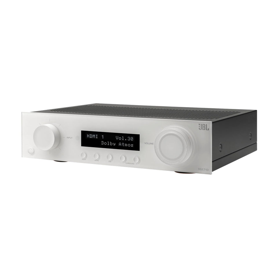 JBL MA710 front panel view highlights a sleek white finish for a stylish home cinema setup.