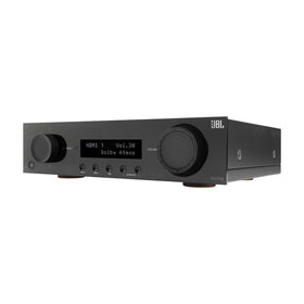 JBL MA710 front view showcases a sleek black AV receiver for a modern home theater.