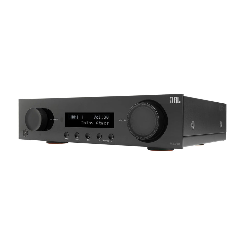 JBL MA710 front view showcases a sleek black AV receiver for a modern home theater.