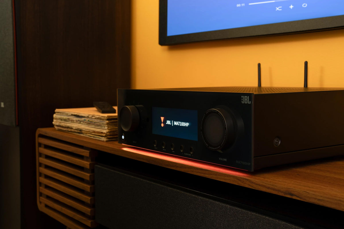 JBL MA7100HP amplifier chassis emphasizes robust cooling and low-noise power.