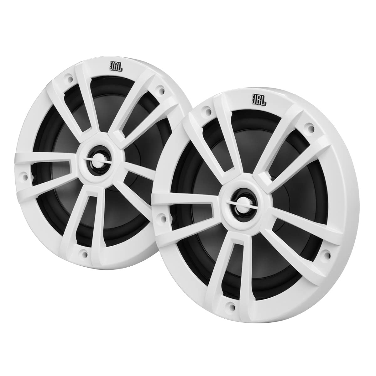 JBL marine speaker white front view, compact deck-friendly design.