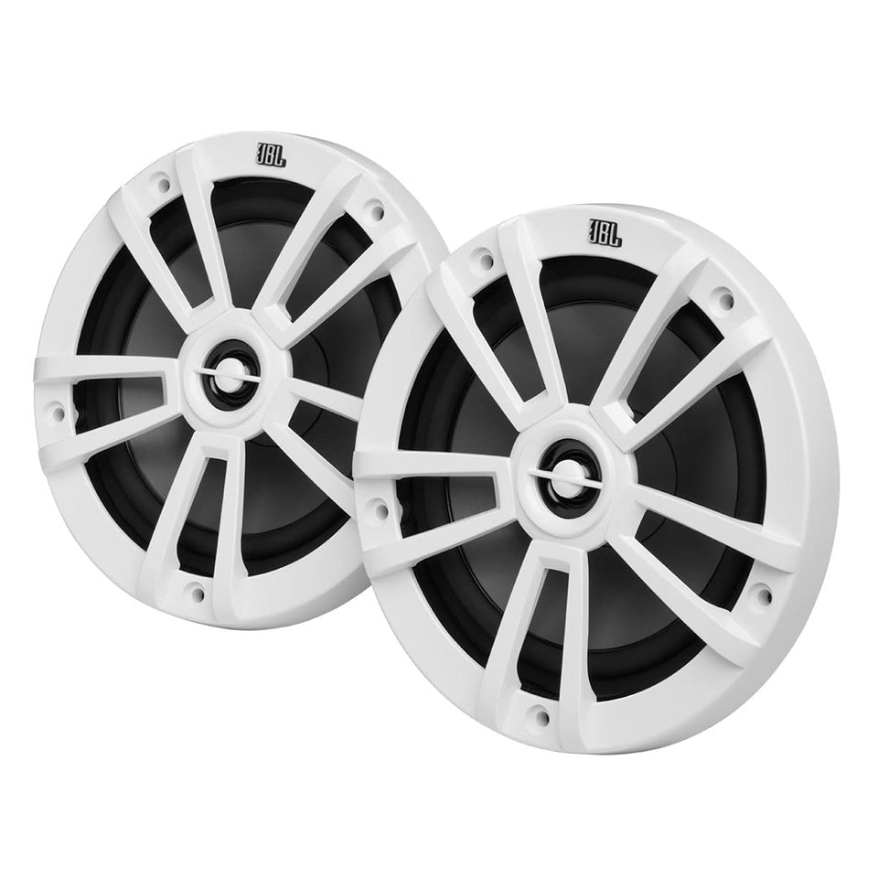 JBL marine speaker white front view, compact deck-friendly design.