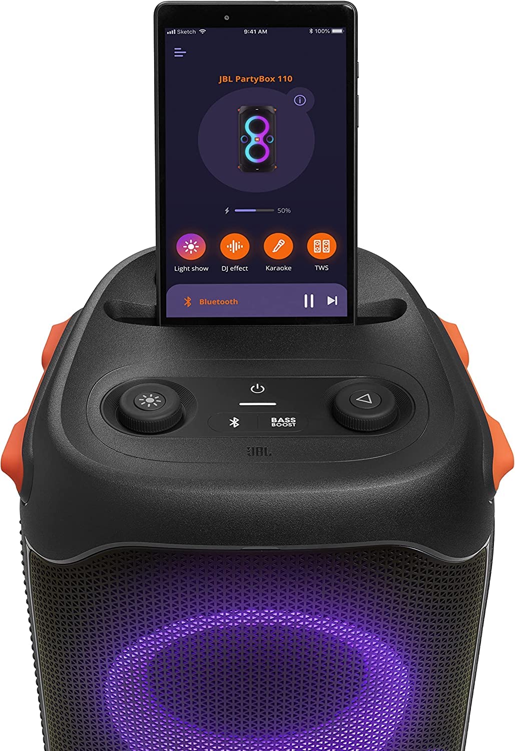 JBL PartyBox 110 on the beach, IPX4 splashproof protection