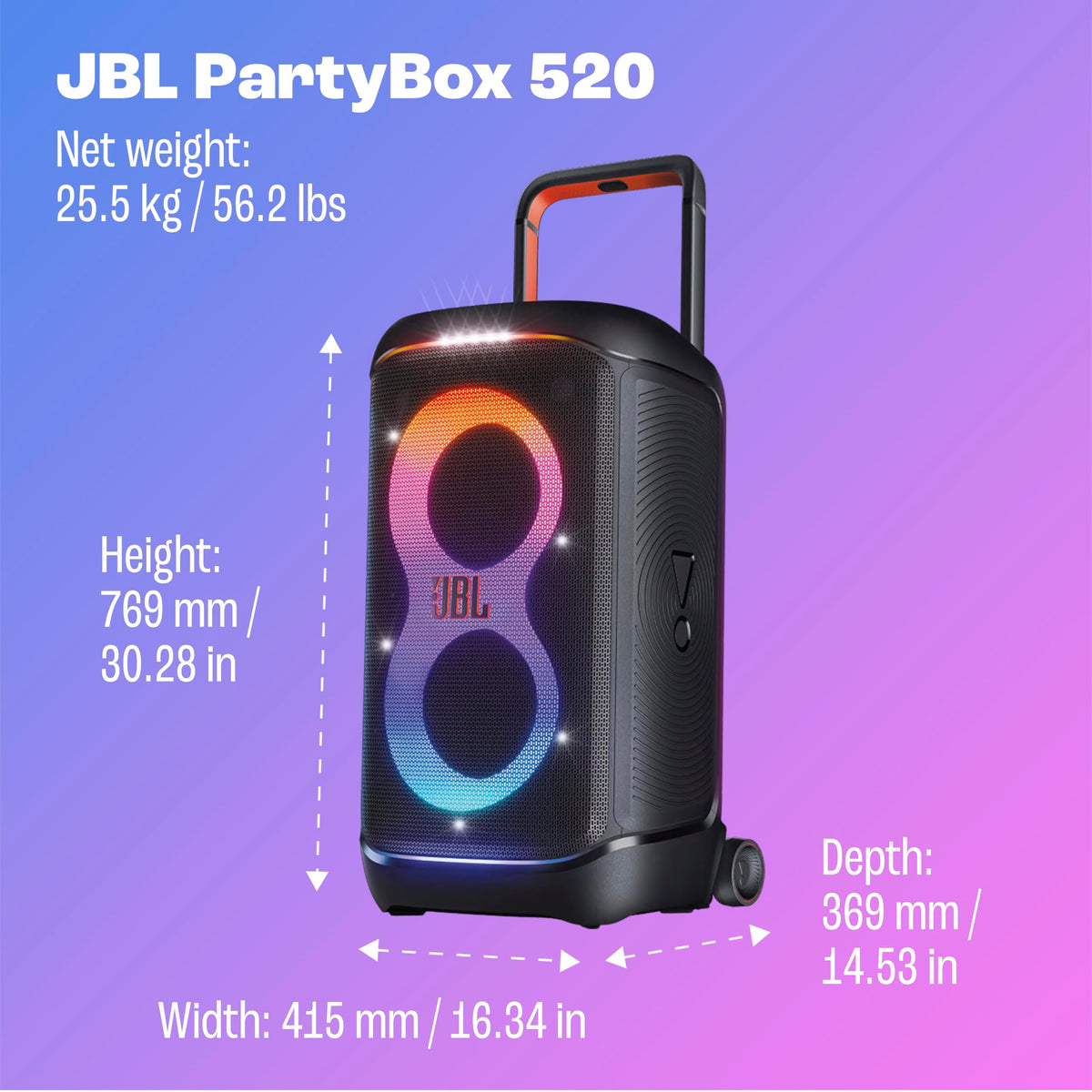 JBL PartyBox 520 built-in wheels for smooth moving