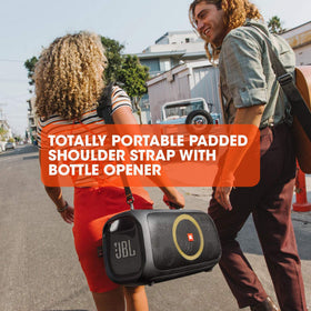 JBL PartyBox On-The-Go 6-hour battery life for all-night parties.