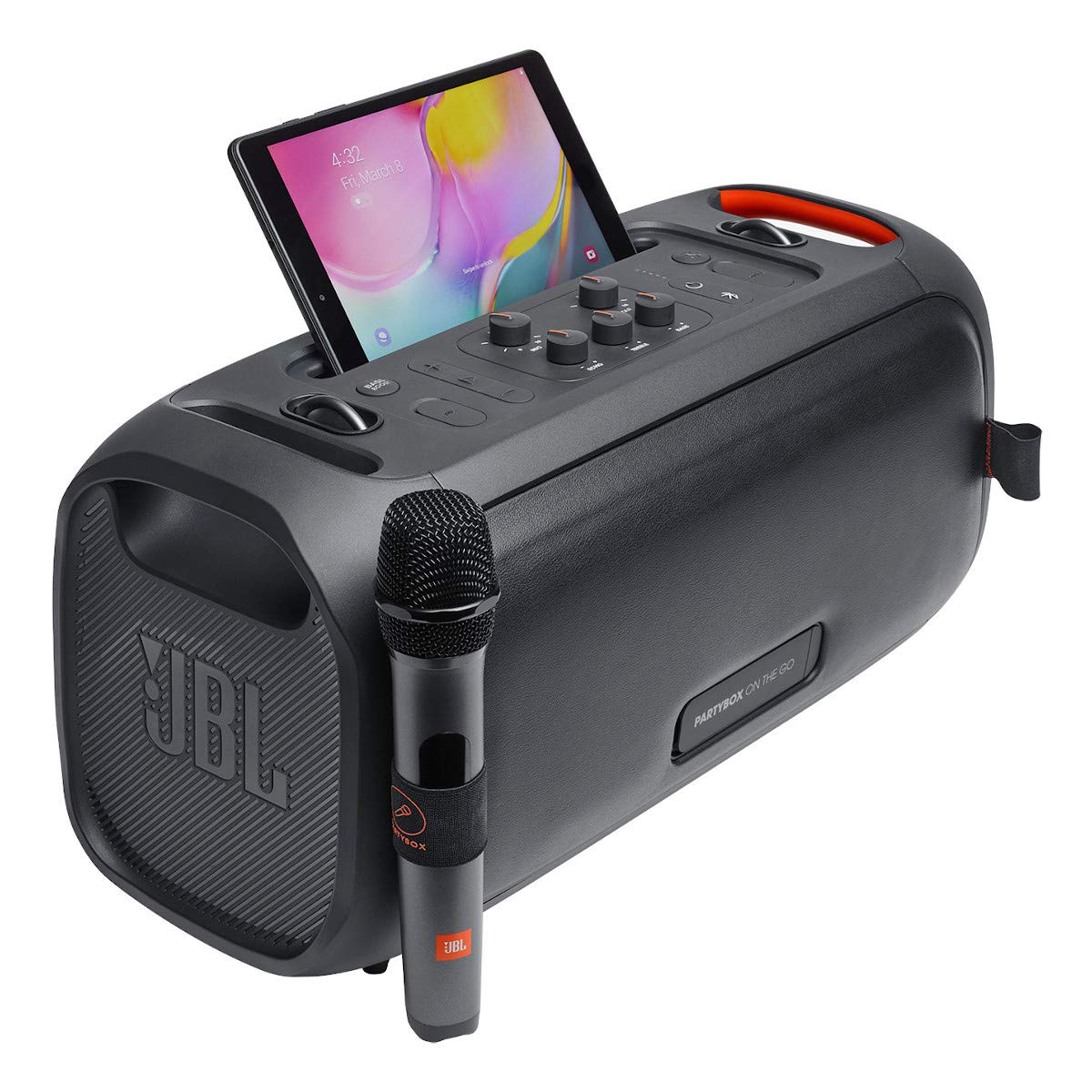 JBL PartyBox On-The-Go battery indicator showing six hours of playtime.
