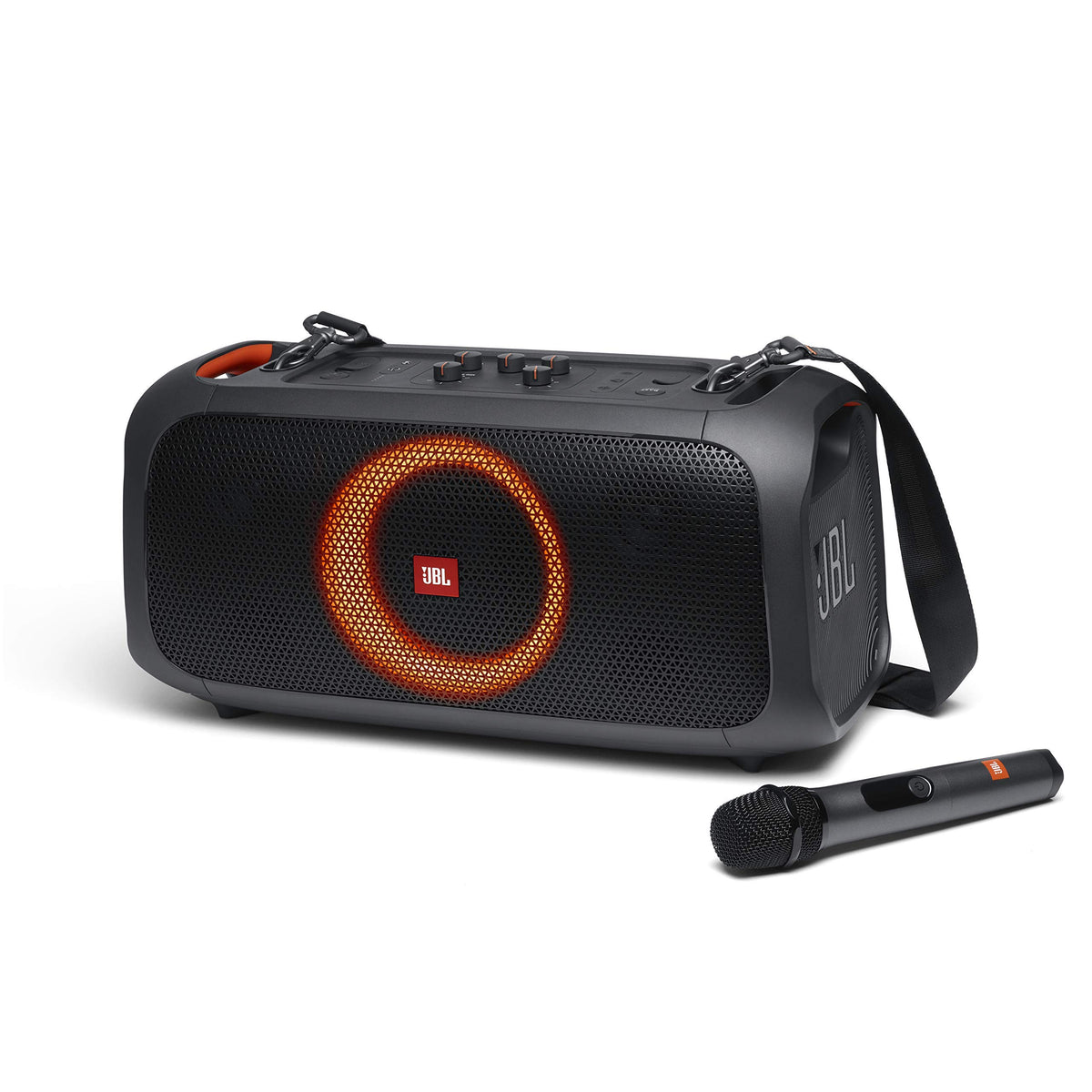 JBL PartyBox On-The-Go front view with lights for party ambiance.