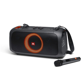 JBL PartyBox On-The-Go front view with lights for party ambiance.
