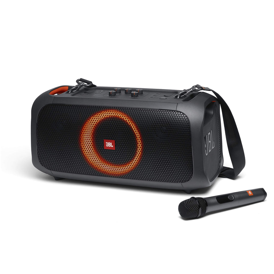 JBL PartyBox On-The-Go front view with lights for party ambiance.