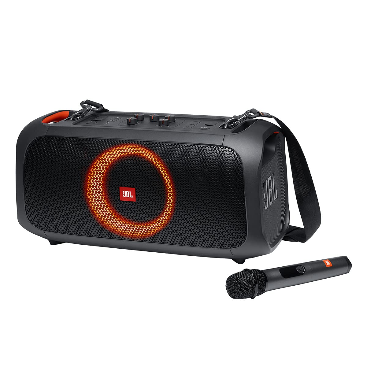 JBL PartyBox On-The-Go front view showing bold, portable sound for outdoor parties.