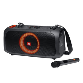 JBL PartyBox On-The-Go front view showing bold, portable sound for outdoor parties.