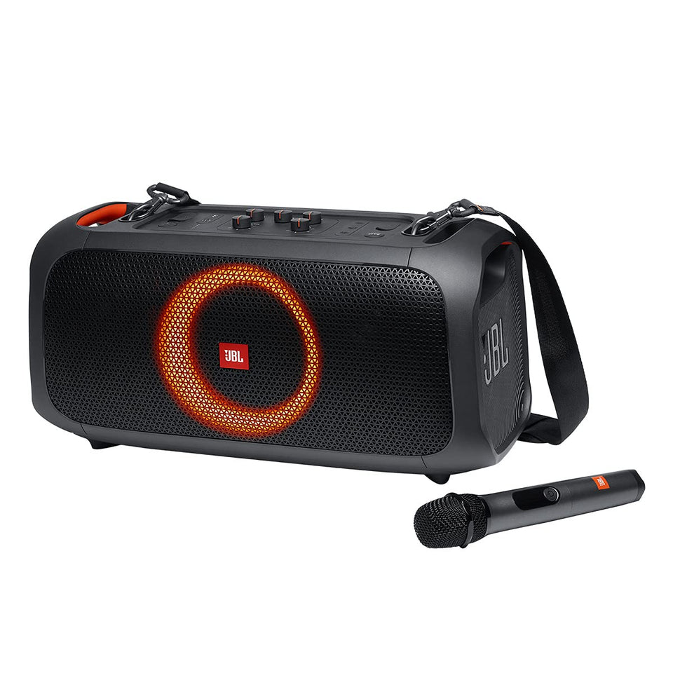 JBL PartyBox On-The-Go front view showing bold, portable sound for outdoor parties.
