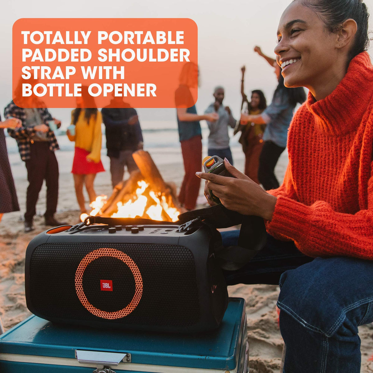 JBL PartyBox On-The-Go indoor outdoor sound for gatherings.