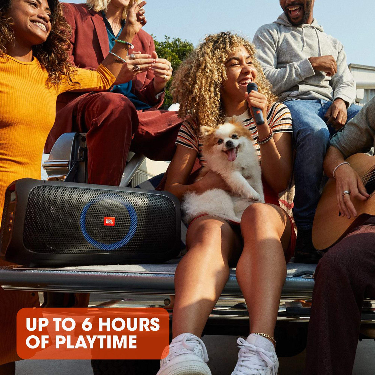 JBL PartyBox On-The-Go IPX4 splashproof protection for wet venues.