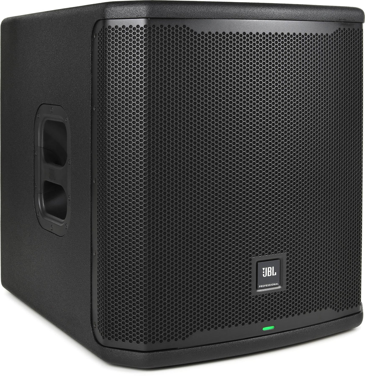 JBL PRX915XLF front view highlights rugged birch enclosure for road-ready bass performance.