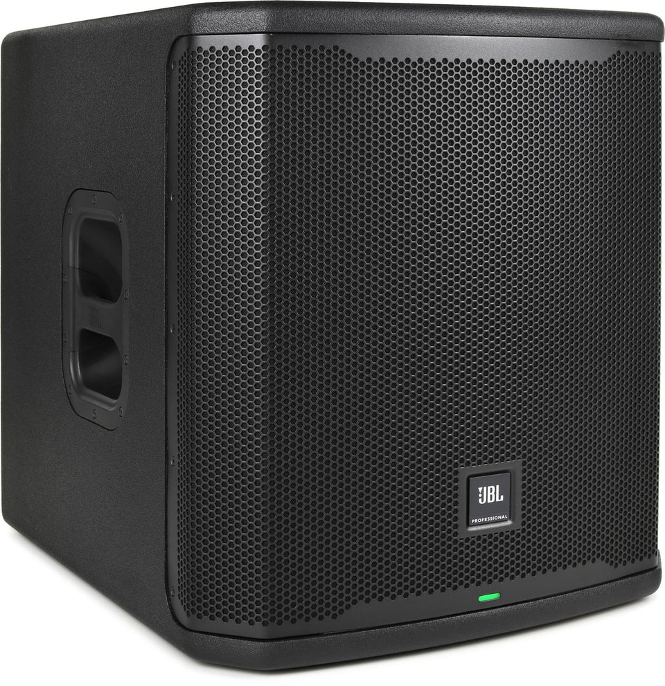 JBL PRX915XLF front view highlights rugged birch enclosure for road-ready bass performance.