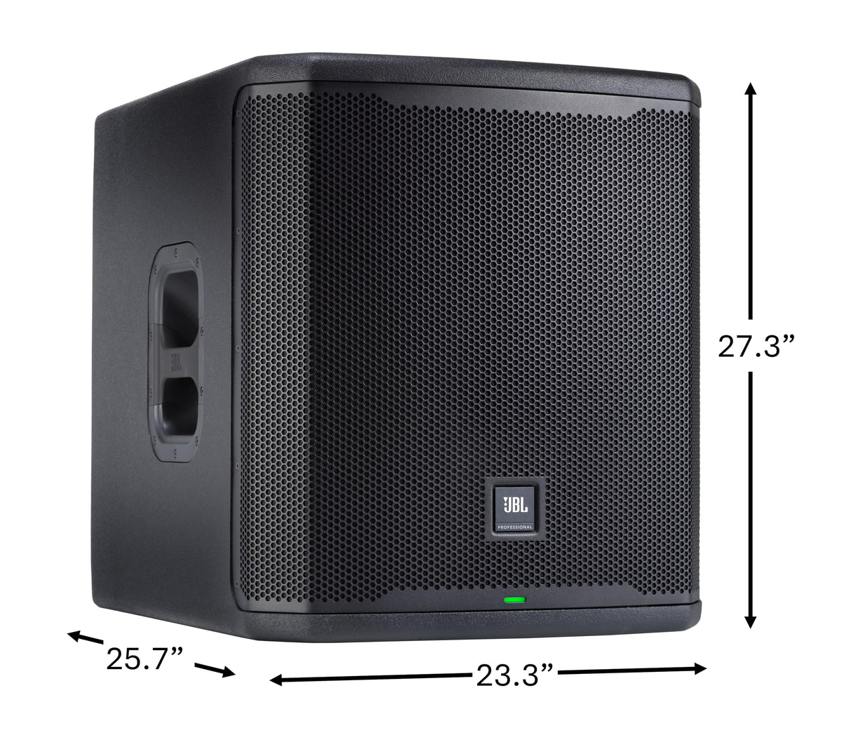 JBL PRX915XLF angled side view emphasizes portability and easy stacking for live events.