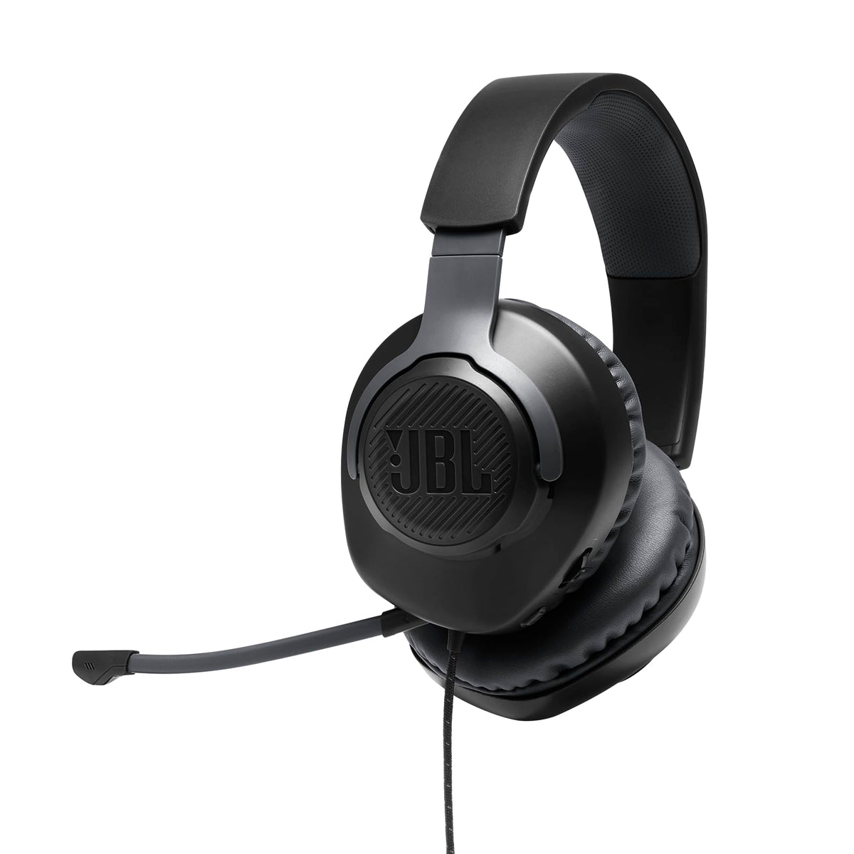 JBL Quantum 100 front view showing sleek headset and clear audio design benefit: precise sound