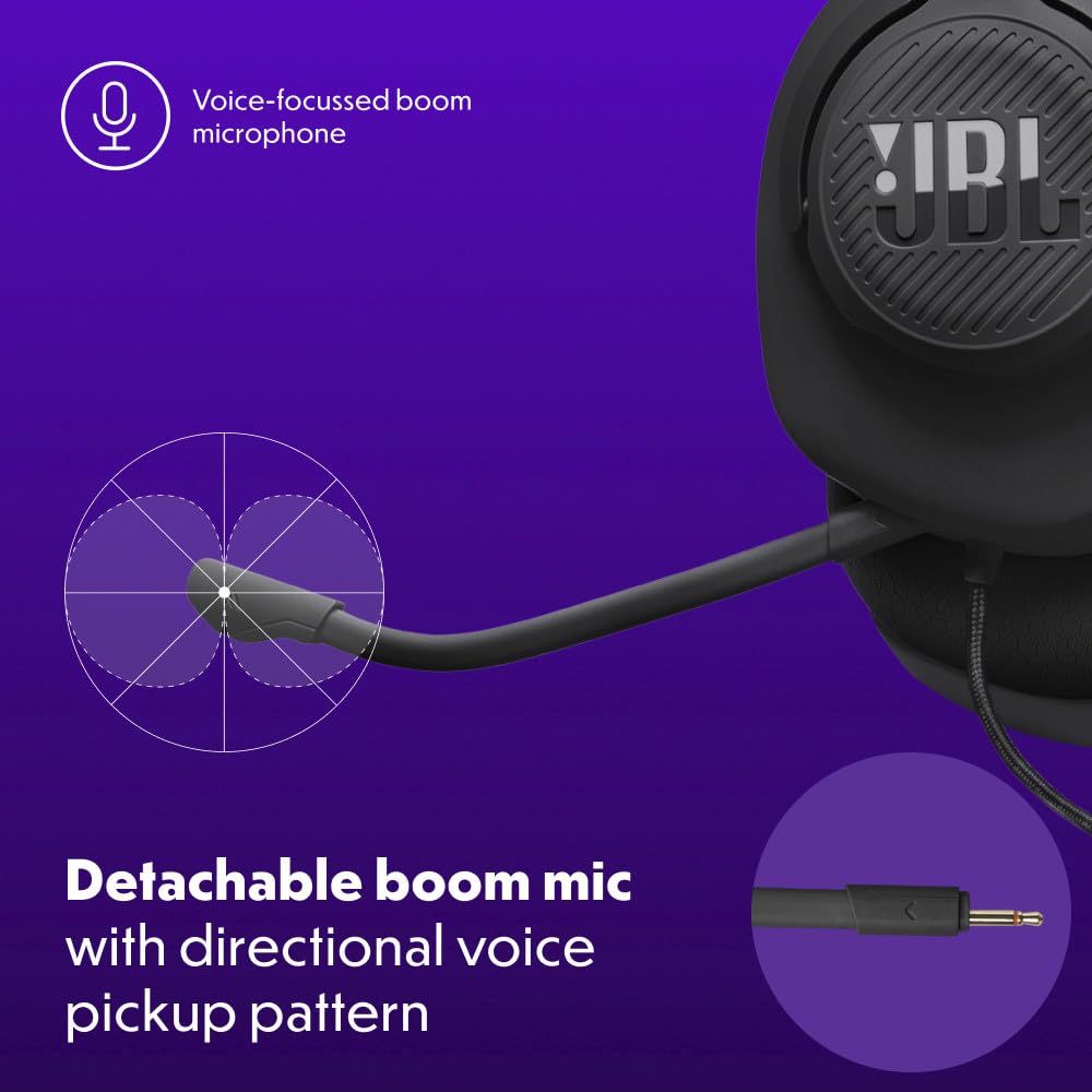 JBL Quantum 100M2 detachable mic detail showing boom mic and mute control for clear chat