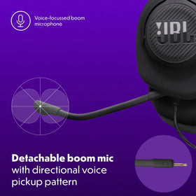 JBL Quantum 100M2 detachable mic detail showing boom mic and mute control for clear chat
