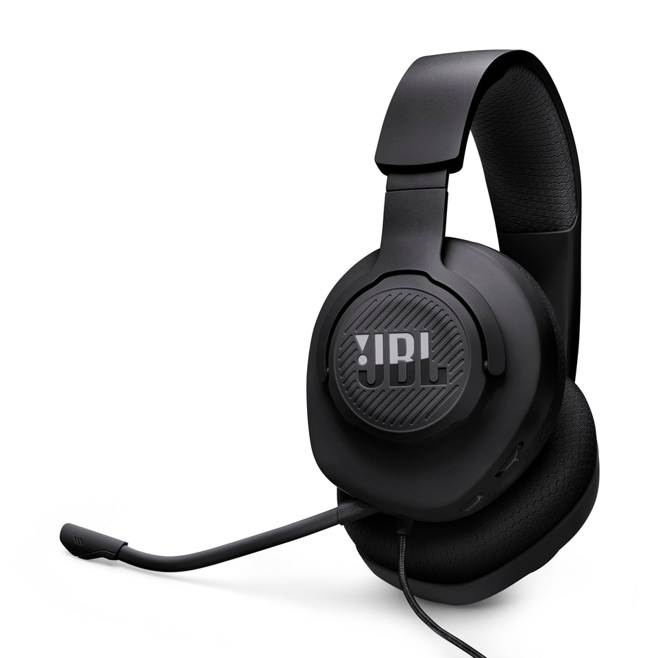 JBL Quantum 100M2 front view showing sleek headset and clear branding, enhances immersion