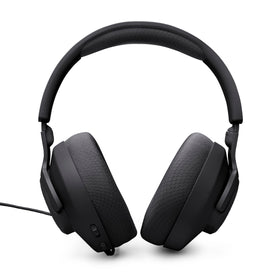JBL Quantum 100M2 in gaming setup showing headset on monitor for plug-and-play convenience
