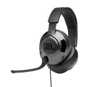 JBL Quantum 200 front view showing sleek headset design and clear stage