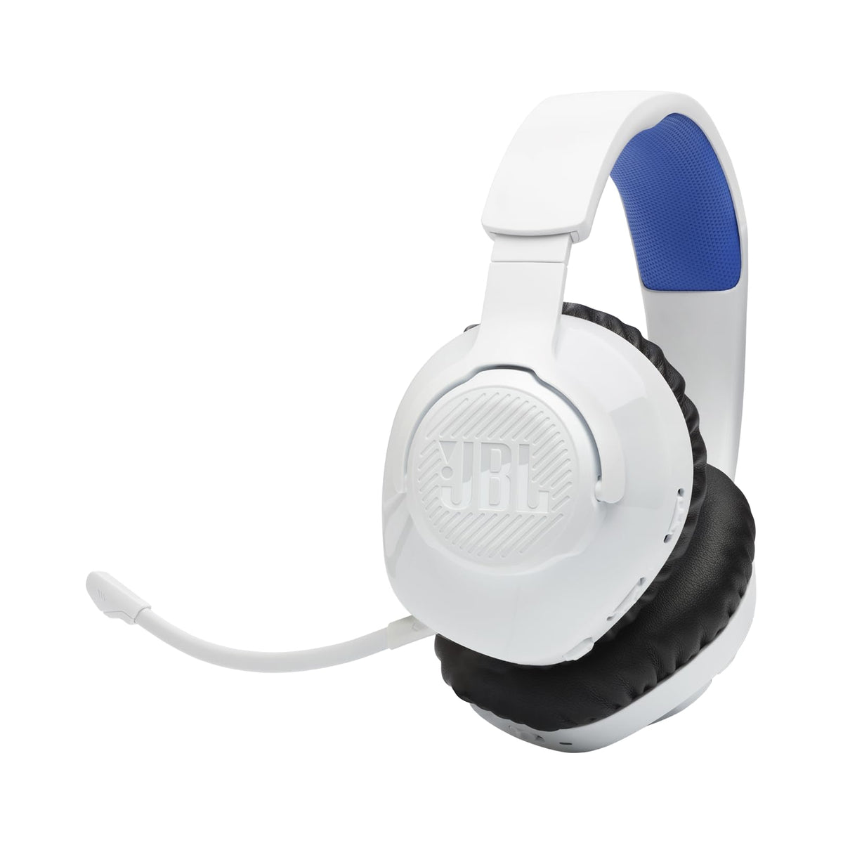 JBL Quantum 360P headset front view showing memory foam cushions for long sessions