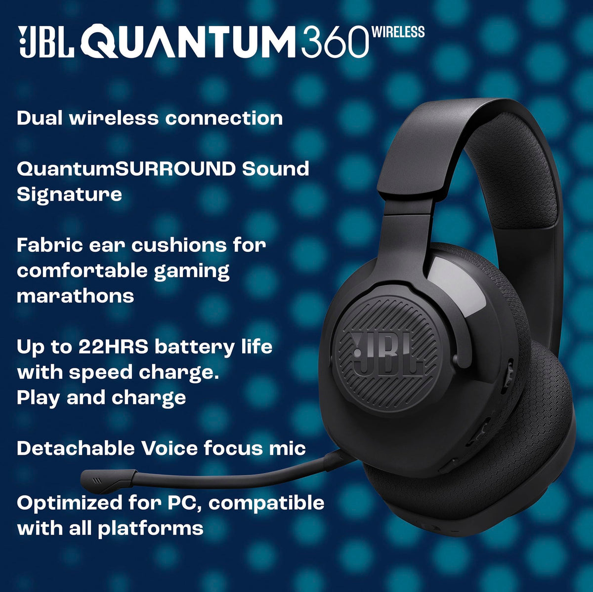 JBL Quantum 360X 2.4GHz dongle connection for lossless wireless gameplay.