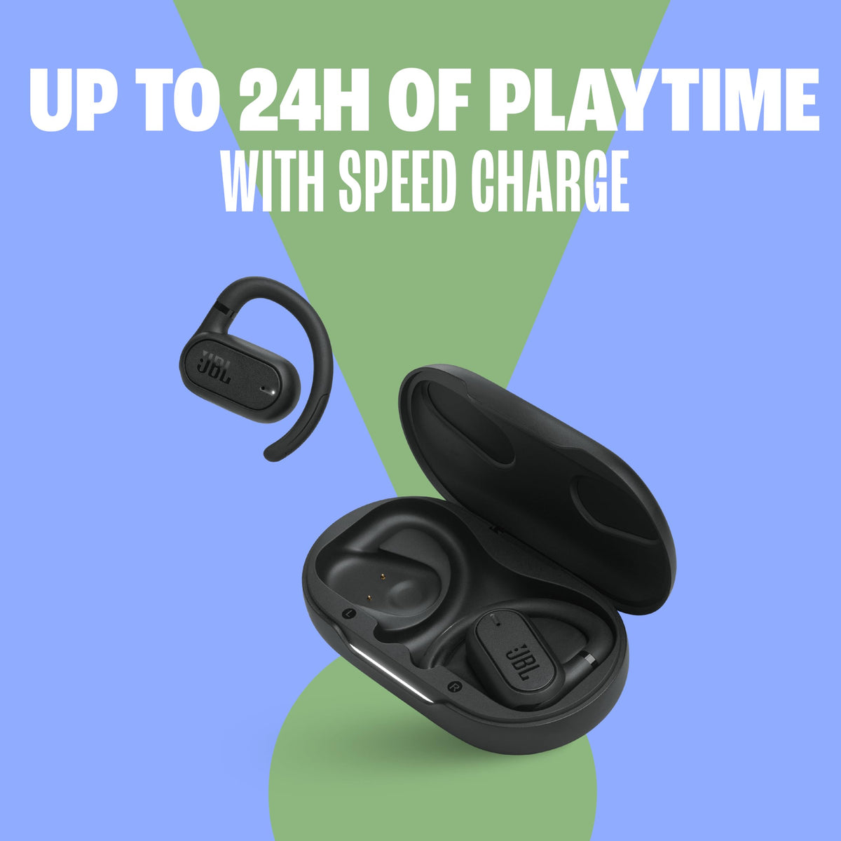 JBL SoundGear Sense battery life shows 6 hours plus 18 hours in the case.