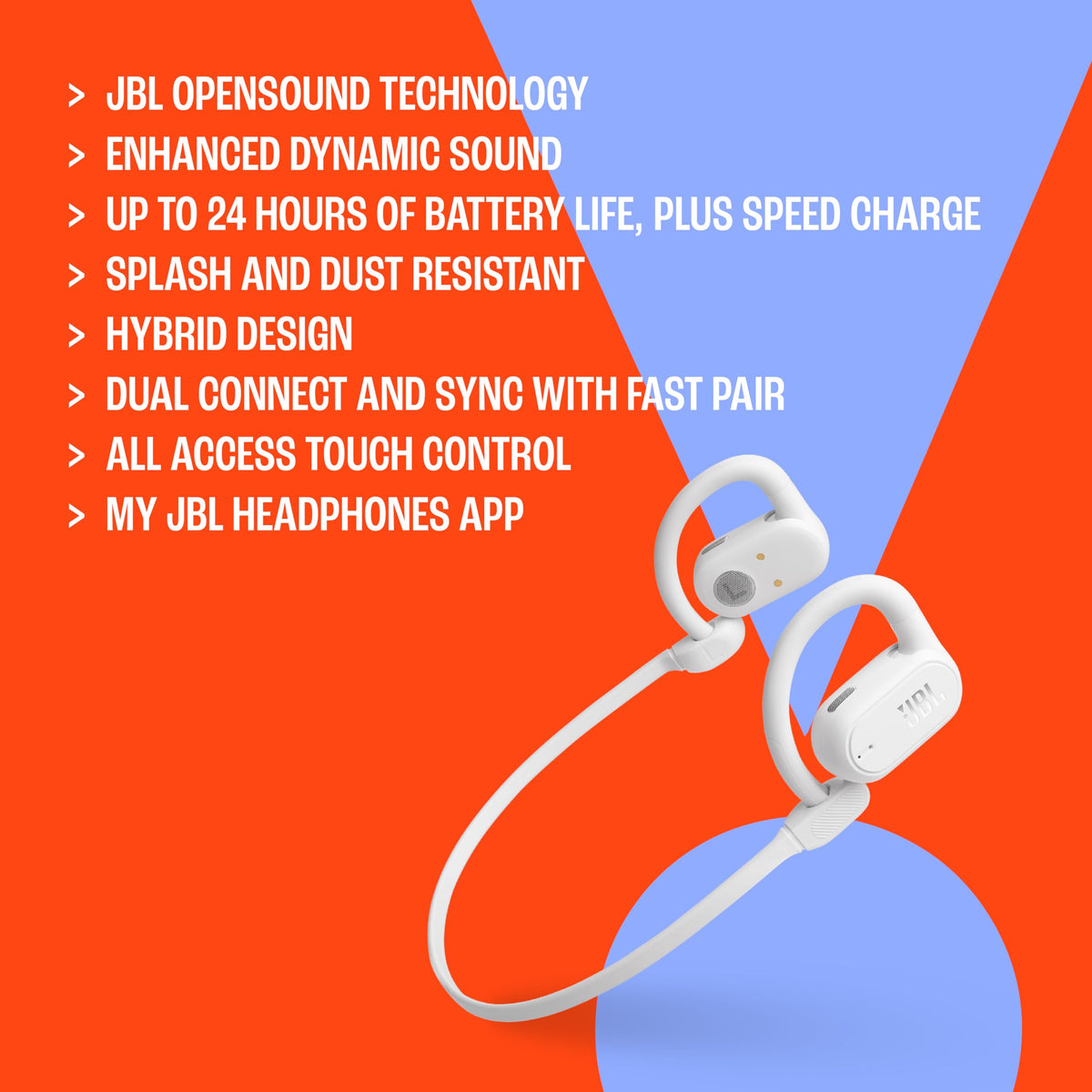 JBL SoundGear Sense detachable neckband helps secure fit during activity.