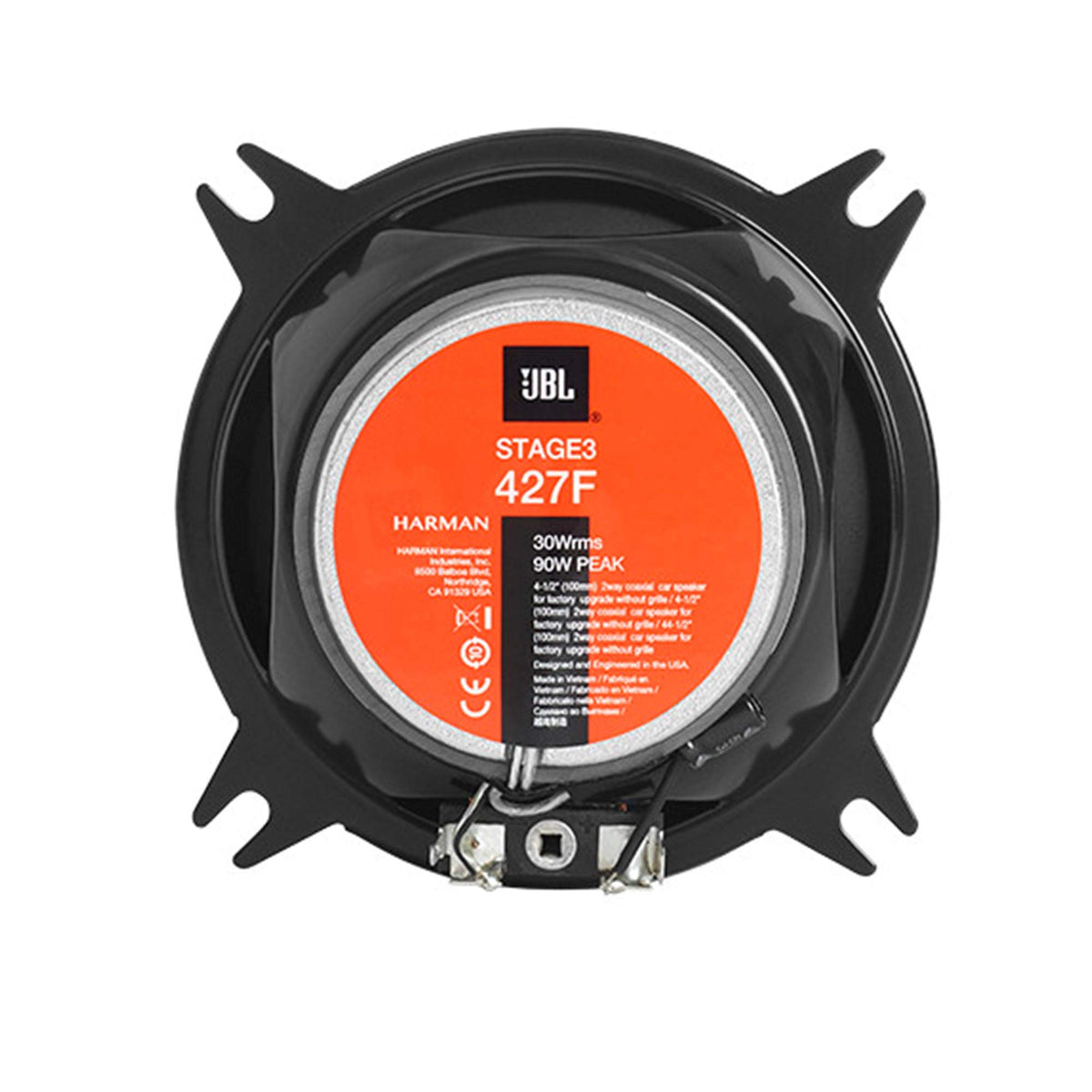JBL Stage 3427F vented basket design helps cool voice coils for reliable performance.