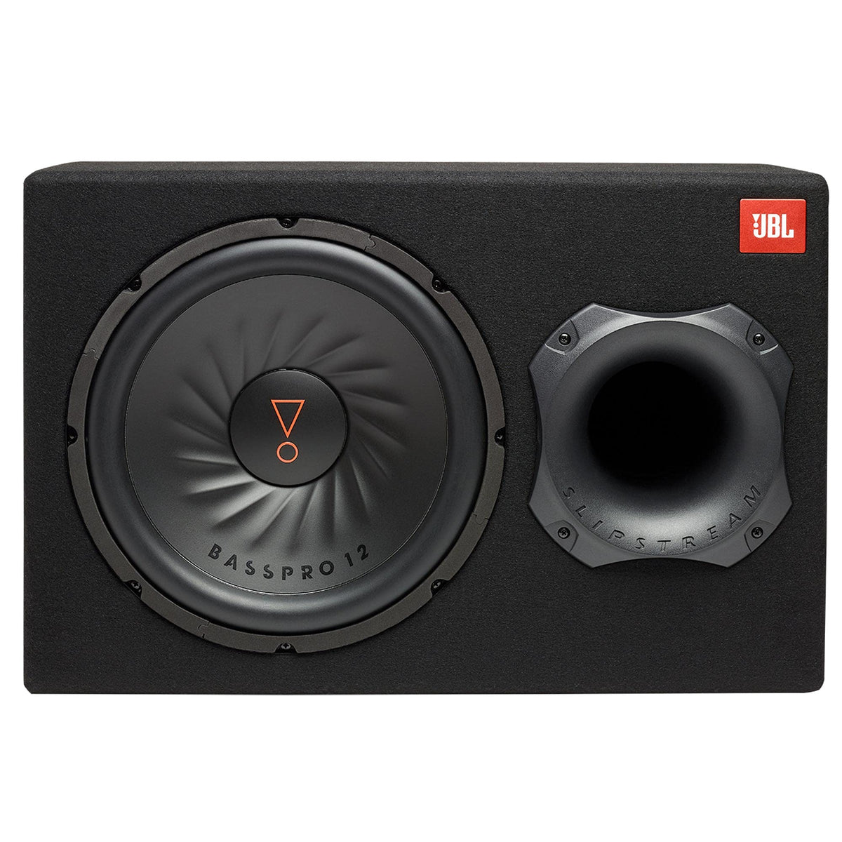 JBL SUBBP12AM side view showing compact enclosure and 12-inch woofer for tight bass