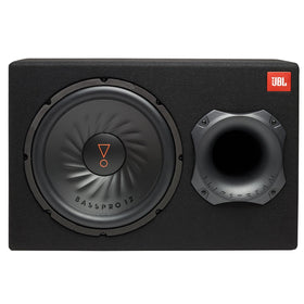 JBL SUBBP12AM side view showing compact enclosure and 12-inch woofer for tight bass