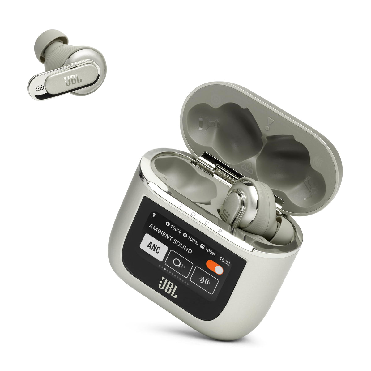 JBL Tour Pro 2 smart case display enables on-the-go playback and alarm control.