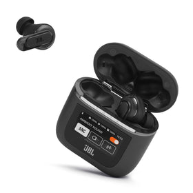JBL Tour Pro 2 smart case display shows battery level and quick controls for hands-free management.