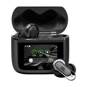JBL Tour Pro 3 case touchscreen display shows playback and battery status