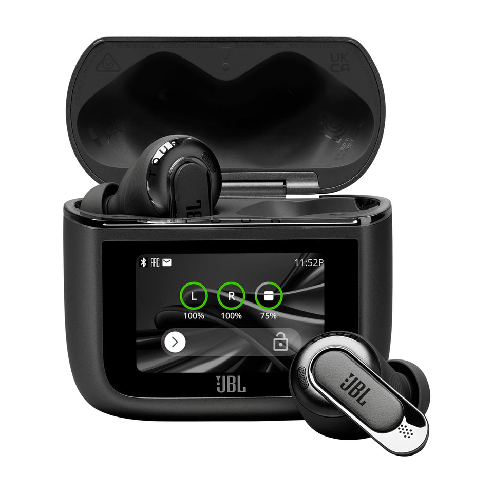 JBL Tour Pro 3 case touchscreen display shows playback and battery status