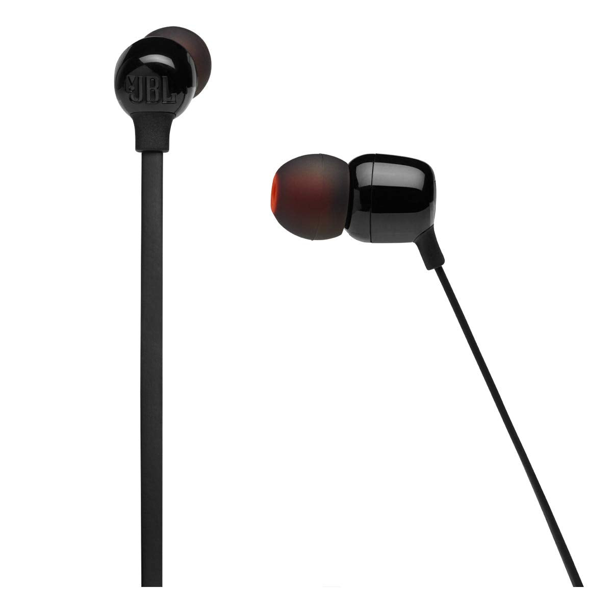 JBL Tune 125 magnetic earbuds attached around neck for tidy, hands-free benefit