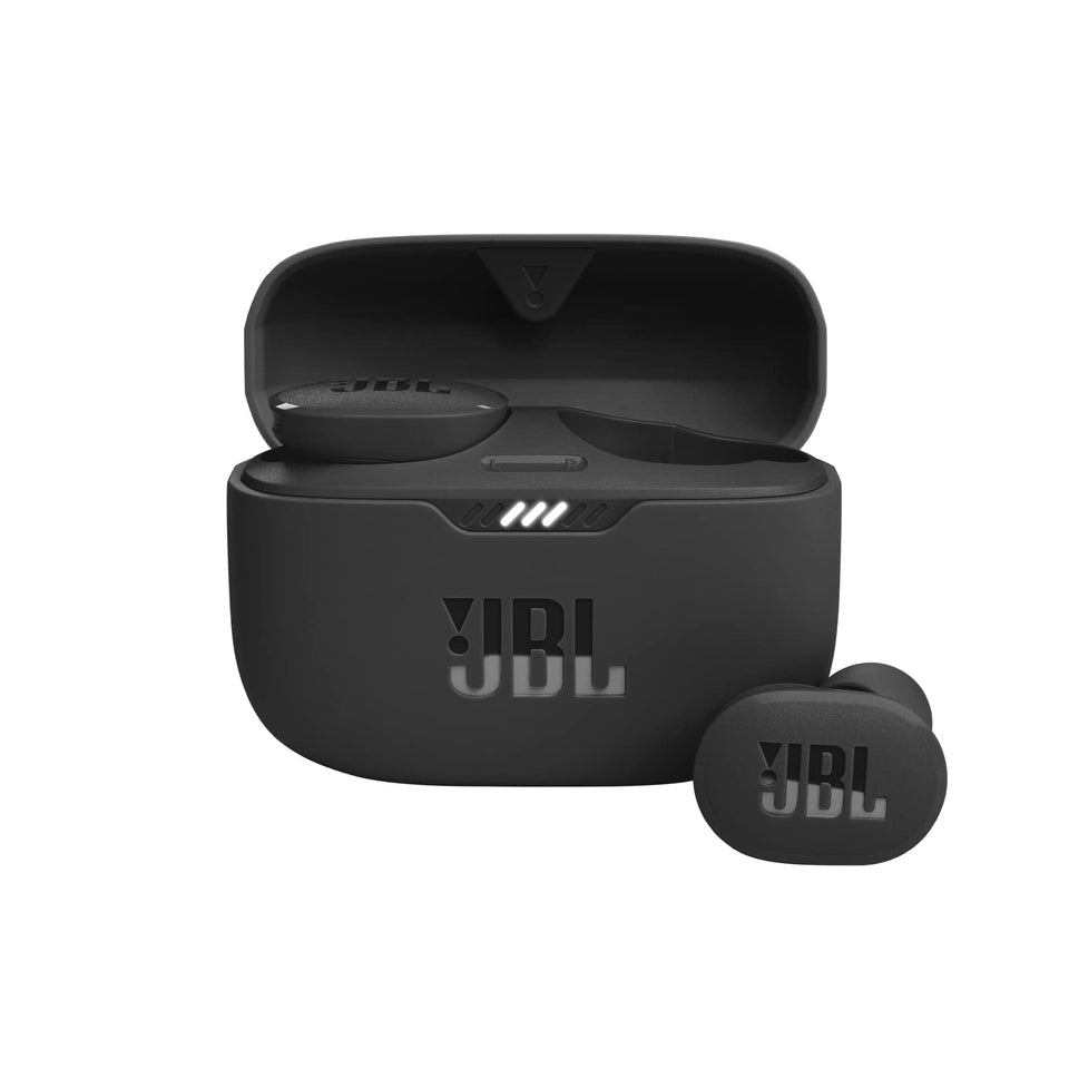 JBL Tune 130NC front view showing earbuds and case with clear bass-focused design benefit