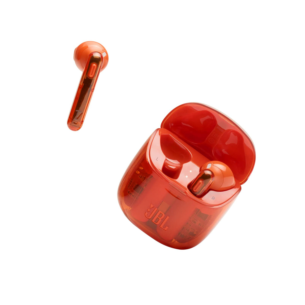 JBL Tune 225TWS Ghost Edition earbuds with see-through orange design for on-the-go listening
