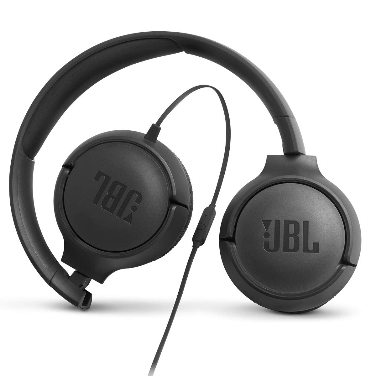 JBL Tune 500 beside smartphone for scale showing compact travel-friendly size