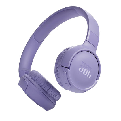 JBL Tune 520BT front profile in purple showing compact on-ear design and Pure Bass impact