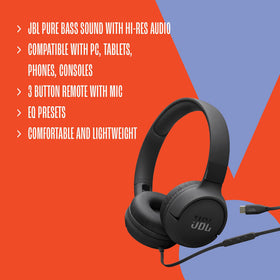 Three-button inline remote and microphone on JBL Tune 520C for hands-free control
