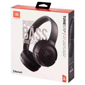 JBL Tune 570BT with cleaning cloth and cable illustrating included accessories